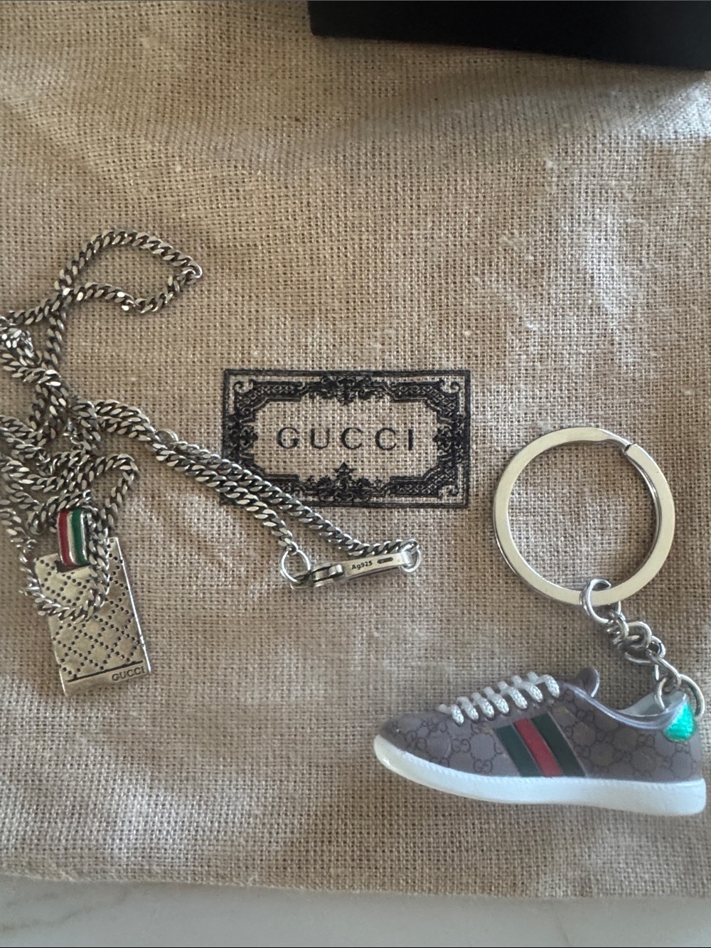 Gucci Silver-Tone  Pendant Necklace with Red-Green Stripe and keychain dust bag - Picture 5 of 7